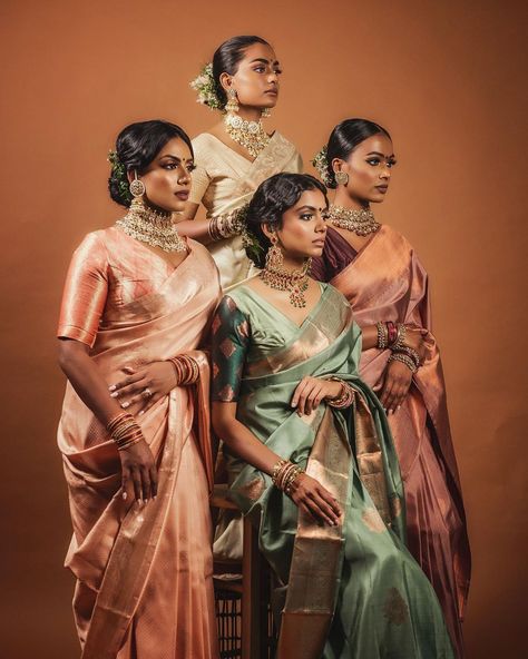 South Indian Saree Photoshoot, Traditional Indian Photoshoot, Bridesmaid Sarees South Indian, South Indian Bridesmaids Saree, Saree Group Poses, South Indian Bridesmaids Outfits, South Indian Bridesmaids, Indian Bridesmaids Outfits, Desi Bridesmaids