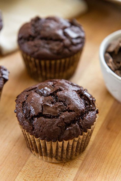 Chocolate Muffins - Rich Chocolate Flavor, and No Hand Mixer Needed! Chocolate Muffin Recipes Easy, Moist Choc Chip Muffins, Healthy Choc Muffins, Choc Muffins Recipe, Simple Chocolate Muffin Recipe, Simple Chocolate Muffins, Best Chocolate Muffins Moist, Simple Chocolate Chip Muffin Recipe, Moist Double Chocolate Muffins