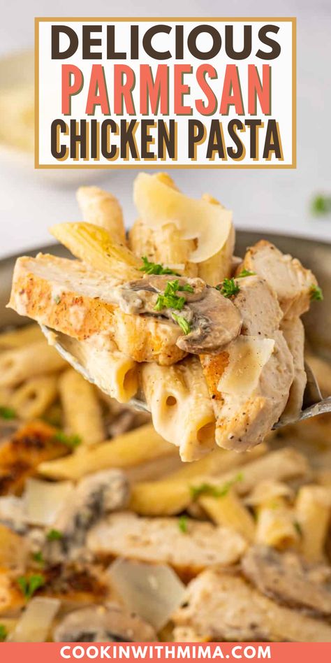 This Delicious Parmesan Chicken Pasta is perfectly seasoned and comes together so easily! It pairs juicy chicken breasts with tender mushrooms, a blend of seasonings, and pasta in a cheesy and creamy sauce that you’ll just love. Make this recipe for dinner tonight and I am sure you’ll be hooked! Creamy Parmesan Chicken With Penne, Garlic Parmesan Chicken Pasta, Parmesan Chicken Pasta, Chicken Sausage Pasta, Simple Diet, Chicken Parmesan Pasta, Creamy Chicken Pasta, Recipe For Dinner, Easy Peasy Recipes