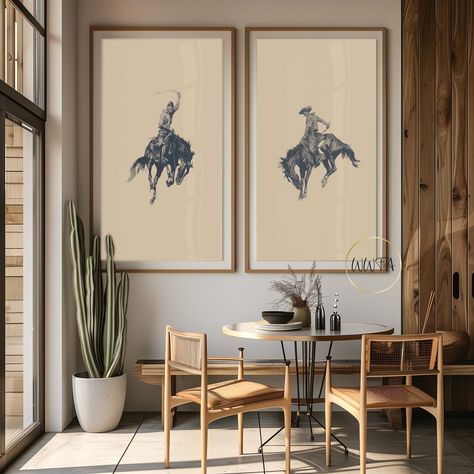 Western Room Poster Set, Bucking Bronco, Gift for Her, Cowboy Wall Art, Texas Gift, Rodeo Print, Boho Art, Illustration Print, Horse Decor - Etsy Western Beach Home Decor, Long Horn Wall Art, Bohemian Western Living Room, Large Western Painting, Equestrian Themed Room, Poster Prints For Guys, Symmetrical Wall Decor, Western Vintage Living Room, Cowboy Art Wall