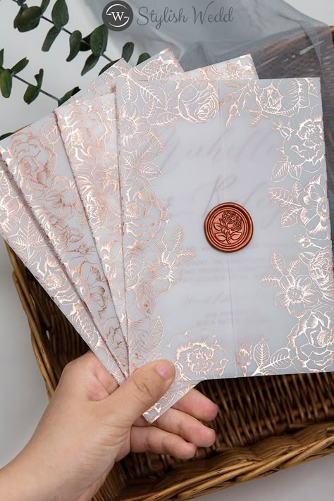 Wedding Invitation Cards Rose Gold, Rose Gold And White Wedding Invitations, Rose Gold Quince Invitations, Fairy Wedding Invitations, Extra Wedding Invitations, Baroque Invitation, Wax Seal Invitations, Wedding Invitations Rose Gold, Luxury Indian Wedding Invitations