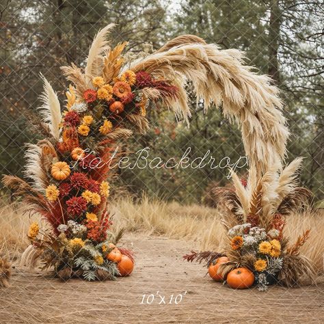 Kate Fall Boho Floral Arch Backdrop Designed by Emetselch Boho Fall Garland, Fall Floral Decorations, November Outdoor Decor, Halloween Wedding Backdrop, Fall Birthday Backdrop Ideas, Fall Harvest Wedding Theme, Arches For Weddings Ceremony, Classroom Thanksgiving Decorations, Fall Church Decorations Sanctuary