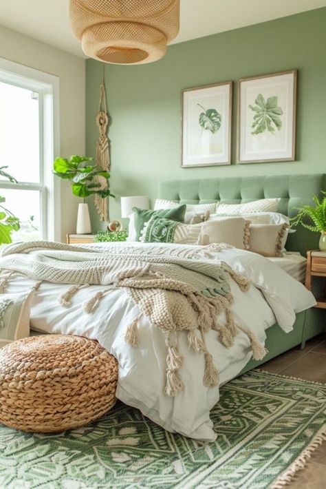 Wicker And Green Bedroom, Botanical Green Bedroom, Sage Bohemian Bedroom, Green Bedroom Wall Ideas, Emerald Bedroom Ideas, Green Headboard Bedroom Ideas, Light Green Bedroom Ideas, Boho Green Bedroom, Green And White Bedroom Ideas