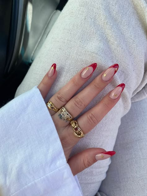 Paris Nails Ideas, Red Tip Nails, Red French Tip, Red And Gold Nails, 2023 Nails, Red French, Tip Nails, Festival Nails, Nagel Inspo