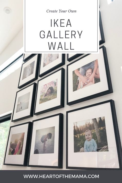 Here are my tips for creating your own IKEA gallery wall. You will learn all about how I made these low-cost frames look like a million bucks. Gallery Wall 8x10 And 5x7, Ikea Picture Frame Wall Ideas, Ikea Black Frame Gallery Wall, Photo Wall Ikea Frames, Ikea Frame Gallery Wall, Ikea Frame Gallery Wall Layout, Ikea Wall Frames Ideas, Ikea Wall Gallery Ideas, Ikea Gallery Wall Layout