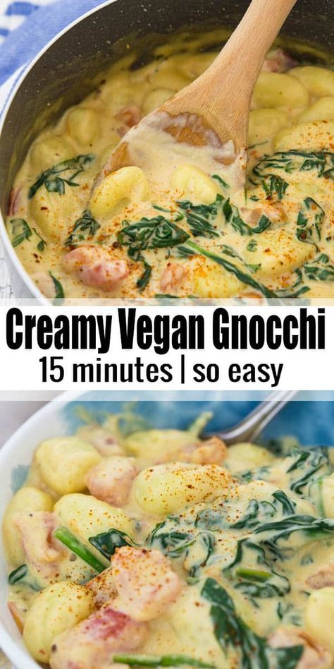 These vegan gnocchi with a creamy cashew sauce, spinach, and tomatoes are the perfect weeknight meal. It's super easy to make and incredibly comforting! One of my favorite vegetarian dinner recipes! Find more vegan recipes at veganheaven.org! #vegandinner #gnocchi #vegan Gnocchi Creamy, Broccoli Patties, Vegan Gnocchi, Resep Pasta, Clean Eating Dinner, Makanan Diet, Läcker Mat, Super Easy Recipes, Vegetarian Meals