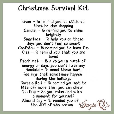 Christmas/Holiday Survival Tips Christmas Survival Kit, Survival Gifts, Holiday Survival Kit, Survival Kit Gifts, Service Ideas, Marketing Gift, Survival Supplies, Quilt Retreat, Survival Kits