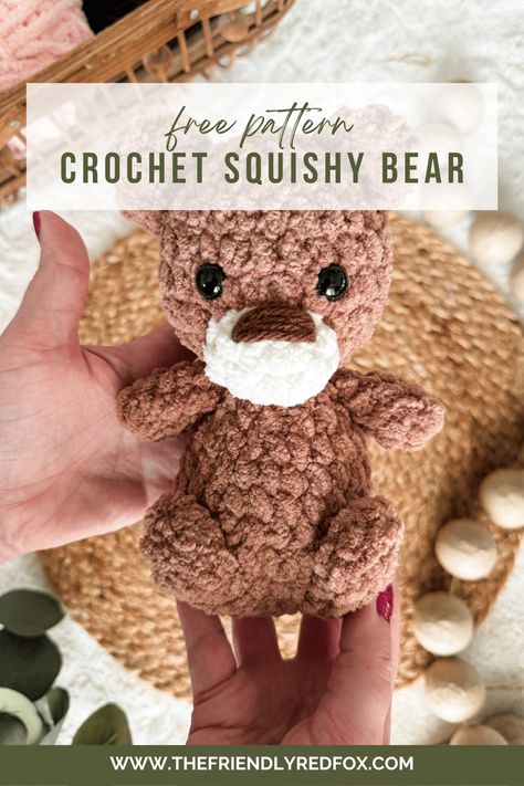 This free crochet plush bear pattern makes a squishy plush pal! This works up quickly with blanket yarn, perfect for gifts and markets. Squishy Crochet, Bear Amigurumi, Bernat Blanket Yarn, Crochet Baby Toys, Plushie Patterns, Crochet Cow, Crochet Butterfly, Crochet Teddy, Crochet Animal Patterns