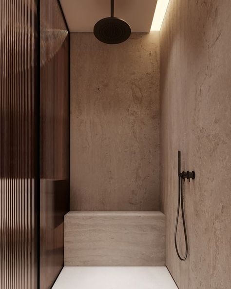 LEQB Architects* on Instagram: "Consistency is essential in our designs. We incorporated sleek dark glass in this shower area, mirroring the aesthetic of the QB/0256 bedroom, to create a harmonious flow throughout the space. Adorned with stunning travertine walls, the shower becomes a place of timeless beauty and refined luxury. Ready to transform your space? DM us today! Project: QB/0256 Room: Shower in master bathroom. Area: 12 sq.m. #leqb #leqbinteriors #qb0256" Travertine And Black Bathroom, Travertine Bedroom Wall, Leqb Architects, Timeless Master Bath, Glass Shower Walls, Corner Townhouse, Bathroom Travertine, Steel Shower Door, Travertine Shower