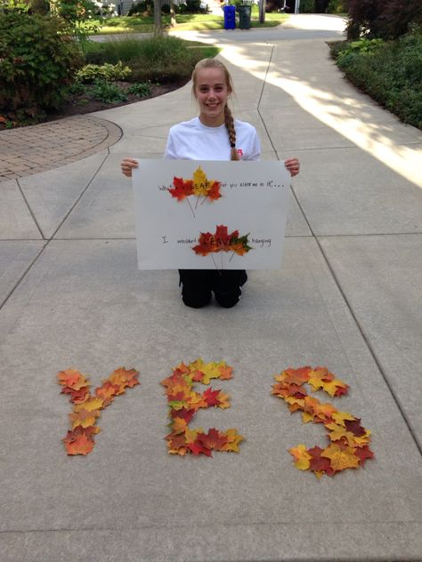 This was my response to a creative homecoming ask On poster: What a re-LEAF that… Homecoming Reply Ideas, Harvest Dance Poster Ideas, Dance Responses, Dance Poster Ideas, Harvest Dance, Dance Asks, School Dance Ideas, Halloween Dance, Dance Ideas