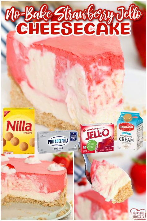 Strawberry Jello Cheesecake, Camp Hacks, Jello Cheesecake, Vanilla Wafer Crust, No Bake Summer Desserts, Jello Dessert Recipes, Dessert To Make, Jello Desserts, Strawberry Dessert Recipes