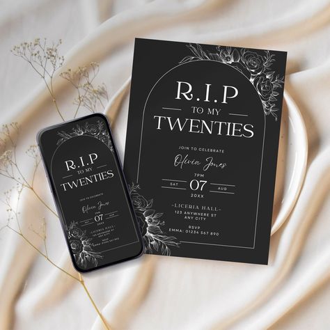 Thirty Invitation 30th Birthday, Rip 20s Birthday Party Invitation, 30th Birthday Ideas For Women Black, All Black Party Decor, 30th Birthday Invitations Template, 30th Birthday Party Themes For Women Decoration, 30 Birthday Party Women, Rip 30s Birthday Party, Rip My 20s Party