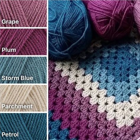 Crochet Studio on Instagram: "Granny square perfection as always by @wool_goddess. Vanessa’s colour combinations are always spot on 💙💜💙 Use #yescrochetstudio so we know you are happy for us to share your images. #grannysquares #autumncrochet #grannystripes #grannysquareblanket #grannystripes #crochetersofinstagram #crochet #crochetblanket #handmade #vintageinspired #crochetaddict #crochetinspiration #crochetinsta #woolwarehouse #stylecraft #makersofinstagram #blanketmaker #teaandcrochet #cr Color Palette For Yarn, Crochet Blanket Colours Color Schemes, Crochet Color Inspiration, Crochet Colour Combos, Granny Square Palette, Colour Palette Crochet, Colour Combinations Crochet, Color Palette Crochet Colour Schemes, Crochet Blanket Color Palette