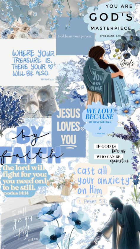 Bible Blue Aesthetic Collage Blue Aesthetic Collage, Quotes Collage, Quote Collage, Aesthetic Collage, Blue Aesthetic, Bible Quotes, Bible Verses, First Love, It Cast