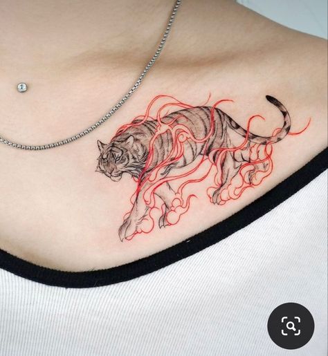 Tiger Collar Bone Tattoo, Moon Tiger Tattoo, Year Of The Tiger Tattoo For Women, Chinese Tiger Tattoo For Women, Fire Tiger Tattoo, Woman Tiger Tattoo, Unique Tiger Tattoo, Sick Tattoo Ideas, Year Of The Tiger Tattoo