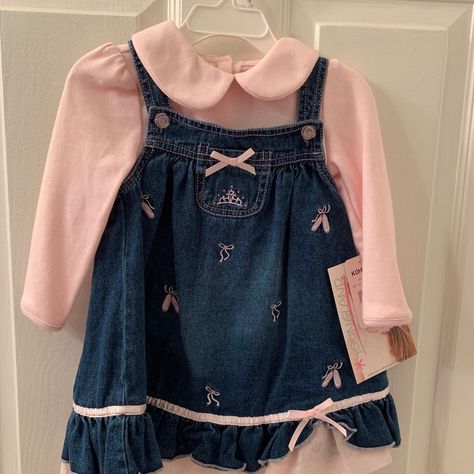 Denim Overall Girls Dress. Pink Long Sleeves With Pink Ballerina Slippers Embroidered On The Denim. New With Tags. Never Worn. Smoke-Free Home. Cute Baby Clothes Aesthetic, Baby Girl Outfits Aesthetic, Slippers Embroidered, Childhood Clothes, Kids Nostalgia, Outfits 2000s, Ballerina Slippers, Baby Closet, Baby Fits