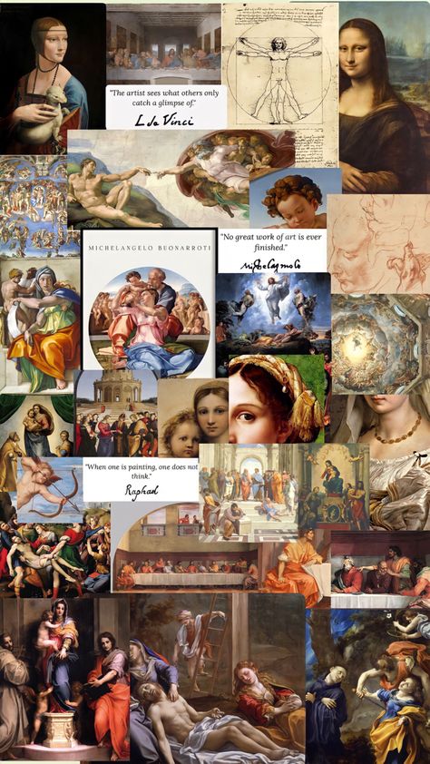 Art History Collage, Renesans Art, History Of Art Aesthetic, Art History Wallpaper, Art Wallpaper Landscape, Leonardo Da Vinci Pinturas, History Aesthetic Wallpaper, Art Collage Wallpaper, Michelangelo Artist