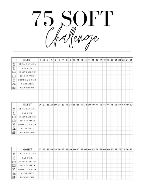 Printout for the 75 Soft fitness Challenge 75 Soft Workout Ideas, The 75 Soft Challenge, 75 Glow Up Challenge, 2024 Challenge Ideas, 75 Day Calendar, 2024 Fitness Challenge, 75 Day Mom Challenge, 25 Soft Challenge, Soft Challenge 75