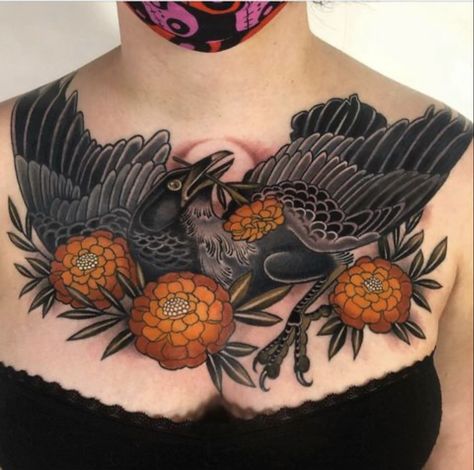 Neo Traditional Chest Tattoo, Traditional Back Tattoo, Traditional Chest Tattoo, Faded Tattoo, Crow Tattoo, Sweet Tattoos, Chest Piece Tattoos, Original Tattoos, Dark Art Tattoo