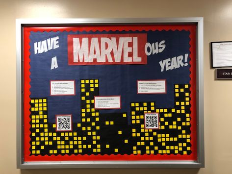 Male Ra Bulletin Boards, Character Building Bulletin Board Ideas, Spider Man Bulletin Board Ideas, Spiderman Bulletin Board, Creative Ra Bulletin Boards, Bulletin Board Ideas Ra College, Marvel Bulletin Board, Senior Class Board Ideas, Marvel Classroom Theme