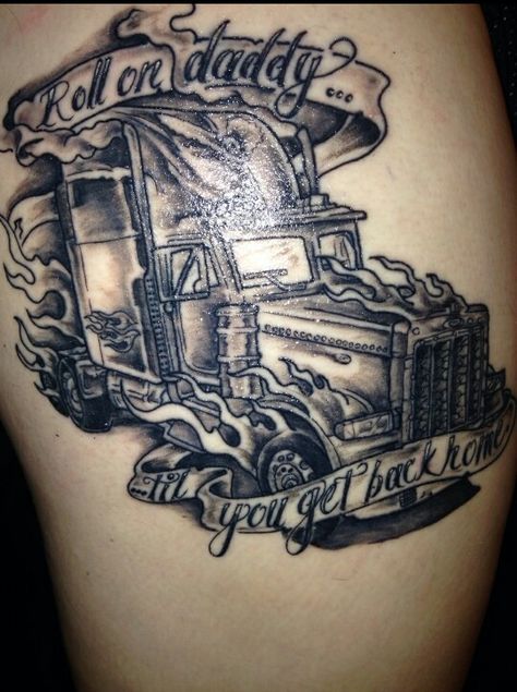 Tattoo Tractor Trailer Tattoos, Log Truck Tattoo, Peterbilt Tattoo Ideas, Trucker Memorial Tattoos, Semi Truck Tattoo Ideas, Trucking Tattoos, Peterbilt Tattoo, Truck Driver Tattoo Ideas, Trucker Tattoo Ideas