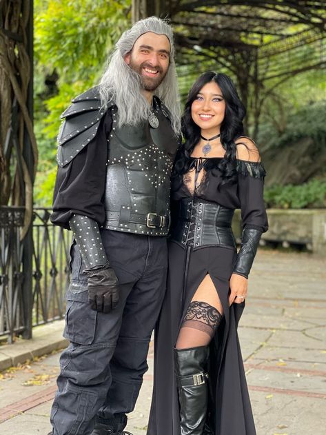 Made both of our costumes hope you enjoy! Renfest Costume Women Viking, Witcher Couple Costume, Water Fairy Ren Faire, The Witcher Halloween Costume, Goth Ren Faire Costume, Renfest Costume Women Fairy, Diy Renisance Costumes, Medieval Party Outfit, Ren Fair Couples Costumes