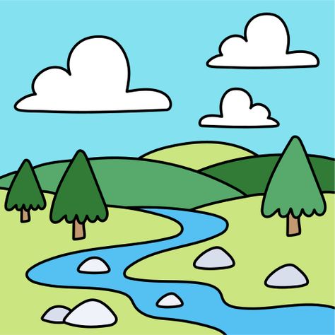 River Easy Drawing, Natural Drawing Easy, Nature Drawing For Kids Easy, River Drawing Easy, River Doodle, Nature Drawing Easy, Easy Nature Drawings, River Drawing, Hand Art Kids