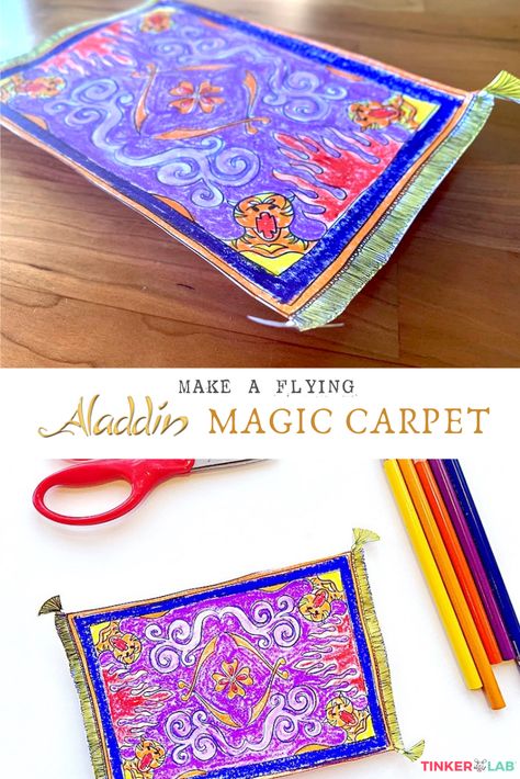 Make your very own Aladdin flying magic carpet. This fun activity includes drawing, designing, and a little bit of science magic with magnets. Aladdin Magic Carpet Diy, Aladdin Activities For Kids, Aladdin Crafts For Kids, Disney Stem Activities, Aladdin Activities, Aladdin Crafts, Magic Carpet Aladdin, Aladdin Play, Aladdin Jr