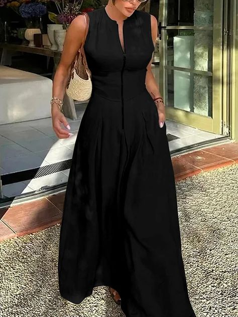 Elegant A-Line Maxi Dress with Pleats, Pockets, and Split-Joint Zipper Detail V Neck Long Dress Casual, Sophisticated Black Dress, Casual Black Maxi Dress Outfit, European Summer Outfits Black Women, Black Maxi Dress Summer, Pleated Outfit, Working Wardrobe, Chic Wardrobe, Casual Maxi Dress