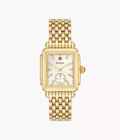 Deco Mid 18K Gold-Plated Diamond Dial Watch MWW06V000004 Stainless Bracelet, Deco Architecture, 2024 Style, Art Deco Architecture, Sapphire Stone, Sophisticated Style, Geometric Shapes, Time Piece, Mother Of Pearl