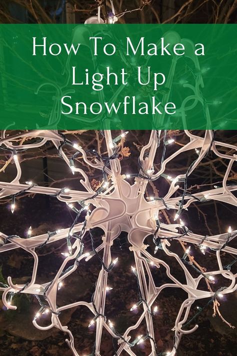 Easily Make a Lighted Snowflake Using Dollar Tree Hangers - The Daily DIY Snowflake Projector Lights, Large Snowflakes Diy How To Make, Hanger Snowflakes Diy, Diy Light Up Snowflakes, Hanger Snowflake Diy With Lights, Plastic Hanger Snowflake Diy, Large Snowflakes Diy, Hanger Snowflake Diy, Hanger Snowflakes