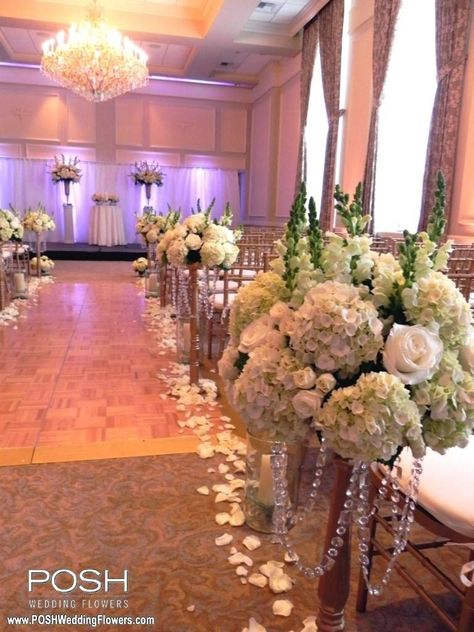 Wedding Aisle Decor: Flowers to Decorate Your Walk Down the Aisle – Seattle Wedding Flowers by POSH Aisle Floral Arrangements, Tall Gold Vase, Tall Flower Centerpieces, Tall Gold Vases, Wedding Aisle Decor, Posh Wedding, Hydrangea White, Tall Centerpiece, Wood Flower Bouquet