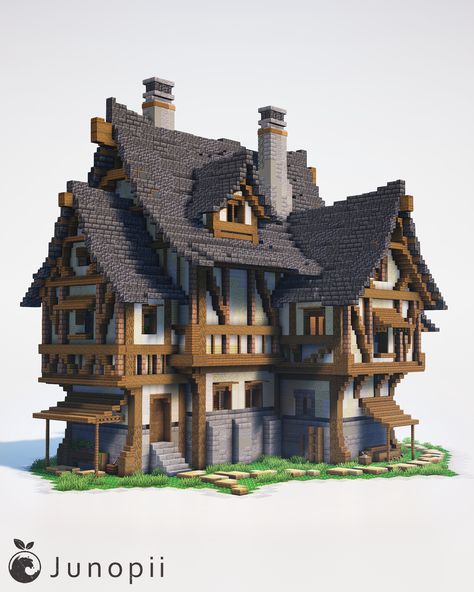 Minecraft Large Deepslate Roofed Medieval House with a warm and cozy interior. Minecraft House Schematic, German House Minecraft, Minecraft L Shaped House, Minecraft Deepslate House Ideas, Minecraft Medieval Castle Interior, Medevil Minecraft House, Minecraft House Styles, Minecraft Building Styles, Medieval Builds Minecraft