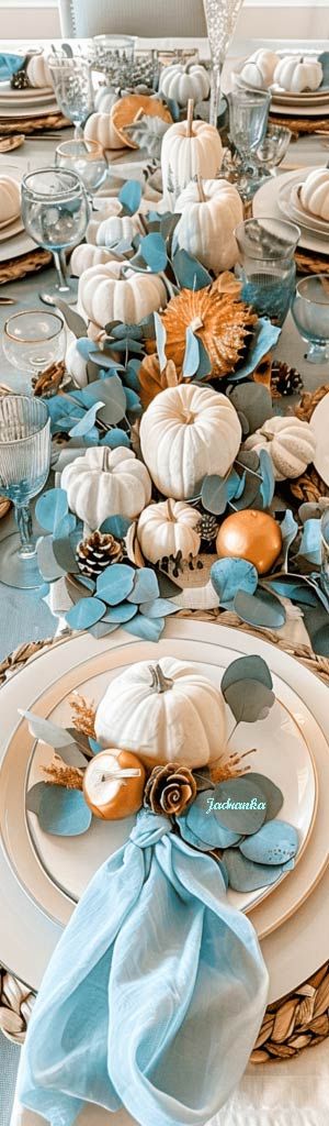 #Jadranka #BabyBlueAndNeutrals #AutumnVibes #Tablescape Blue Thanksgiving Table, Fall Dining Room Table Decor, Blue Thanksgiving, Fall Dining Room Table, Magical Autumn, Thanksgiving Color, Fall Table Settings, Holiday Tablescapes, Thanksgiving Table Settings