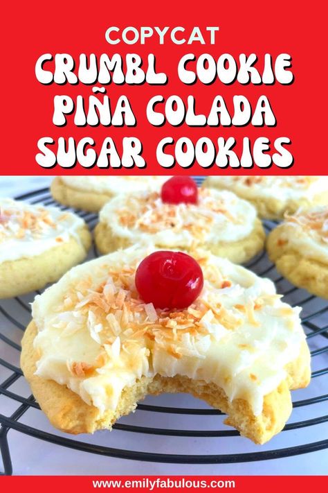 a crumbl cookies copycat pina colada cookie with toasted coconut and a cherry on top with a bite taken out of it Pina Colada Crumble Cookie, Piña Colada Dessert, Crumbl Coconut Cookies, Pina Colada Cookies Recipe, Coconut Cake Cookies, Hawaiian Cookies Recipes, Pina Colada Dessert Recipes, Pina Colada Desserts, Summer Cookie Flavors