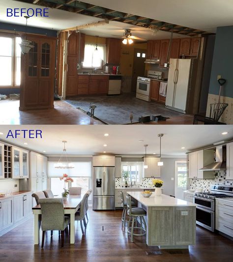 Before and After of this beautiful open concept kitchen. The Before picture was taken right after they knocked down the wall between the dining room/living room and the #kitchen and then the final result a Dream Kitchen!  #BeforeAndAfter #KitchenRemodel #BeautifulKitchen Split Level Kitchen Remodel Open Concept, Split Level Kitchen, Split Level Kitchen Remodel, Open Concept Living Room, Classic Kitchen, After Pictures, Living Room Remodel, Kitchen Remodeling Projects, Open Concept Kitchen