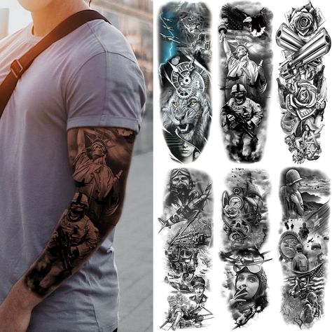 PRICES MAY VARY. ✔[FULL SLEEVE MILITARY TATTOO] Briyhose War Military Full Arm Temporary Sleeve Tattoos Can Cover Your Body Parts Large. It Contains 6 Sheets 18.9 * 6.7 Inch (48 * 17cm) Long Sleeves Military Soldier Fake Tattoo Stickers For Adults Men Women Tatto Kit. You Can Share It With Your Family And Friends. ✔[LONG LASTING & WATERPROOF] Large Black Full Sleeve Fake Tattoos That Looks Real And Last Long For 2-5 Days Durable Fashion Designs DIY Customized Creative Temp Tattoos For Men Women Military Tattoo, Soldier Tattoo, Fake Tattoo Sleeves, Archangel Tattoo, Christian Sleeve Tattoo, Military Soldier, Omerta Tattoo, Temporary Tattoo Sleeves, Galaxy Tattoo