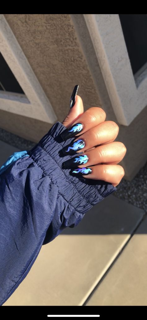 Flames Nails, Black And Blue Nails, Rave Nails, Flame Nails, Flame Nail Art, Black Acrylic Nails, Anime Nails, Blue Acrylic Nails, Goth Nails