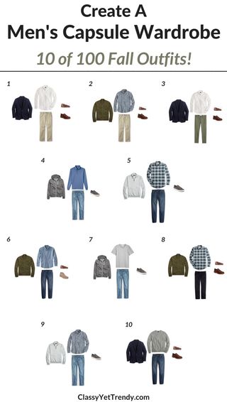 Create a Men’s Capsule Wardrobe: 10 Fall Outfits Minimalist Wardrobe Men, Fashion Lessons, Capsule Clothing, Capsule Wardrobe Men, Husband Fashion, Men's Capsule Wardrobe, Create A Capsule Wardrobe, Clothes Combinations, Muji Style