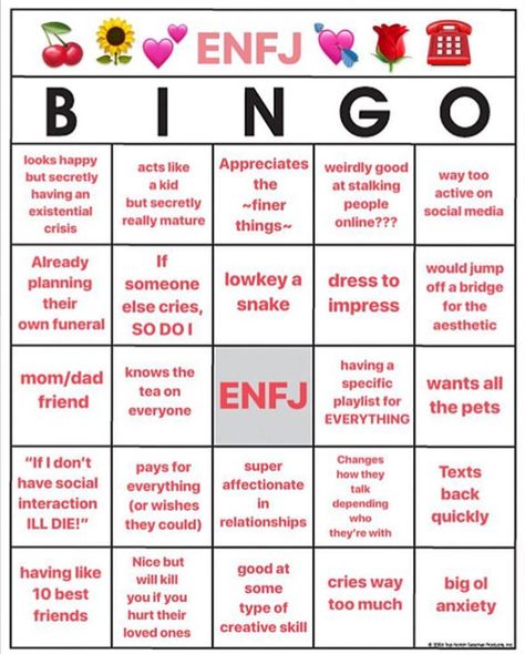 ENFJ Bingo #ENFJ #MBTI Enfj Love Language, Enfj Movies, The Protagonist Enfj, Enfj Starter Pack, Enfj Bingo, Enfj Fashion, Enfj Facts, Enfj Personality Funny, Enfj Celebrities