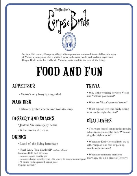 Halloween Movie Food And Fun, Disney Movie Night Menu Halloween, Horror Movie And Dinner Theme, Hotel Transylvania Themed Dinner, Halloween Themed Movie Night Ideas, Corpse Bride Dinner And Movie, Scary Movie Themed Dinner, Corpse Bride Themed Food, Dinner And A Movie Date Night