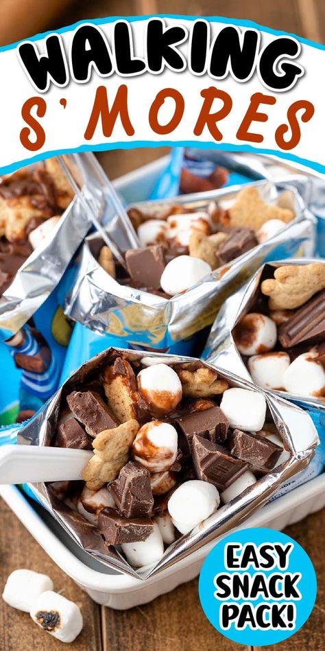 Walking S'mores is a mess-free twist on the campfire dessert. Stuff snack bags Teddy Grahams with pudding, mini marshmallows, and Hershey bars. No flame needed! Campfire Themed Snacks, Walking Smores Dessert, Class Food Party Ideas, No Mess Smores, S’mores Without A Campfire, S'mores In A Bag Camping, Camp Out Snacks, Smore Goodie Bags, S’mores Snack