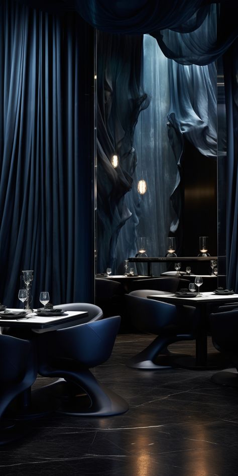 Sirens Odyssey, Dark Blue Restaurant, Navy Blue Restaurant, Dark Restaurant Aesthetic, Navy Bar, Feminine Interior Design, Dark Restaurant, Blue Restaurant, Bar Counter Design