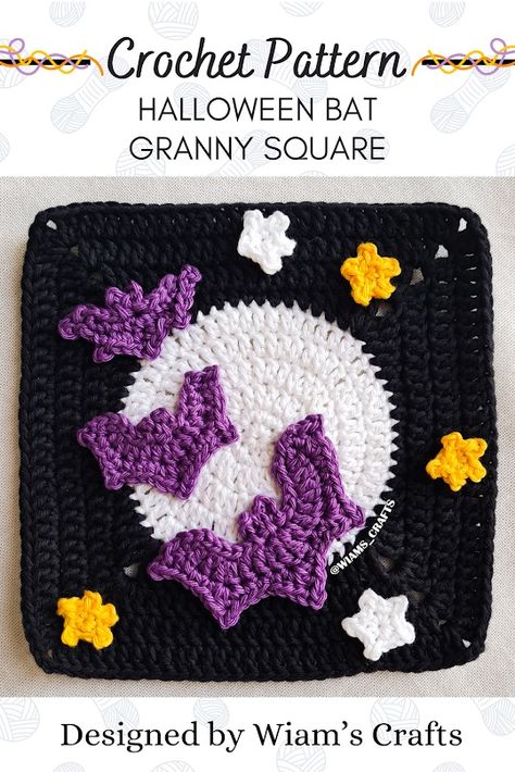 Halloween Bats Granny Square ~ Wiam's Crafts Spooky Crochet Squares, Bat Applique Crochet, Halloween Granny Squares Crochet, Crochet Granny Square Halloween, Witchy Granny Square Pattern, Crochet Halloween Blanket Patterns Free, Witch Granny Square, Gothic Granny Square Crochet Pattern, Halloween Granny Square Pattern