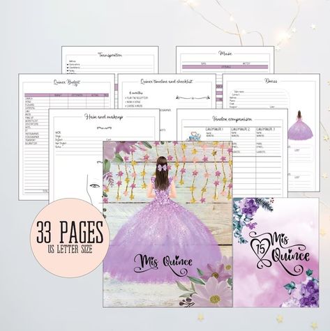 Quinceañera printable planner with 2 covers in a purple theme with a girl in a purple quince dress. Plan duties, court of honor, budgeting, hair and make up, dress, contacts, guest list, seating chart and vendors. Sweet 16 Planning, Quince Checklist, Monthly At A Glance, Court Of Honor, Birthday Planner, Appointment Planner, Sixteenth Birthday, Sweet Sixteen Birthday, Planning Checklist