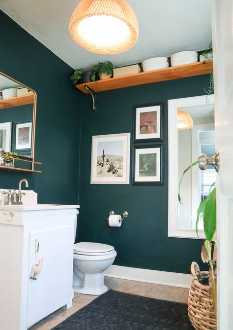 Dark Green Bathrooms, Boho Bathroom Ideas, Teal Bathroom, Dark Bathrooms, Boho Bathroom Decor, Bath Inspiration, Bathroom Color, Downstairs Bathroom, Boho Bathroom