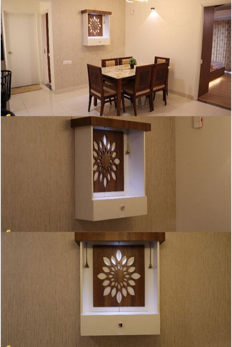 Very Small Pooja Room Ideas, Small Puja Unit Design In Living Room, Wall Mounted Mandir Design For Home, Movable Pooja Unit, Mandir For Small Space, Small Mandir In Kitchen, Small Puja Unit Design On Wall, Modular Mandir Design, 2 Feet Pooja Unit