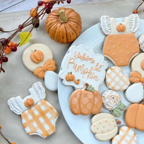 Little Pumpkin Baby Shower Cookies, Pumpkin Baby Shower Cookies, Pumpkin Sugar Cookies, Royal Iced Cookies, Cookie House, Shower Cookies, Cookie Favors, Baby Cookies