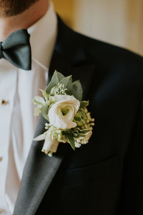 white and green boutonniere for a simple yet elegant touch on a black tuxedo, groom's details, White Rose Boutonniere, Mountain Landscape Art, Modern Boho Wedding, Barr Mansion, Mountain Landscape Photography, Rose Boutonniere, Prom Flowers, Groom Boutonniere, Austin Wedding