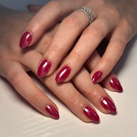 Great minds think alike! And all of our minds are on fall🍂 Gonna be so into darker chrome combos this year #nails #nailart #naildesigns #nailsofinstagram #nailsnailsnails #nailsmagazine #nailsonfleek #nailstyle #nailtrends #nailartist #nailinspo #fallnails #chromenails #almondnails Red Almond Nails With Chrome, Frosted Cranberry Nails, Cherry Coke Nails Chrome, Cranberry Nails With Chrome, Red Chrome Nails Acrylic, Cherry Chrome Nails Designs, Berry Jelly Nails, Fall Red Chrome Nails, Jelly Nails With Chrome